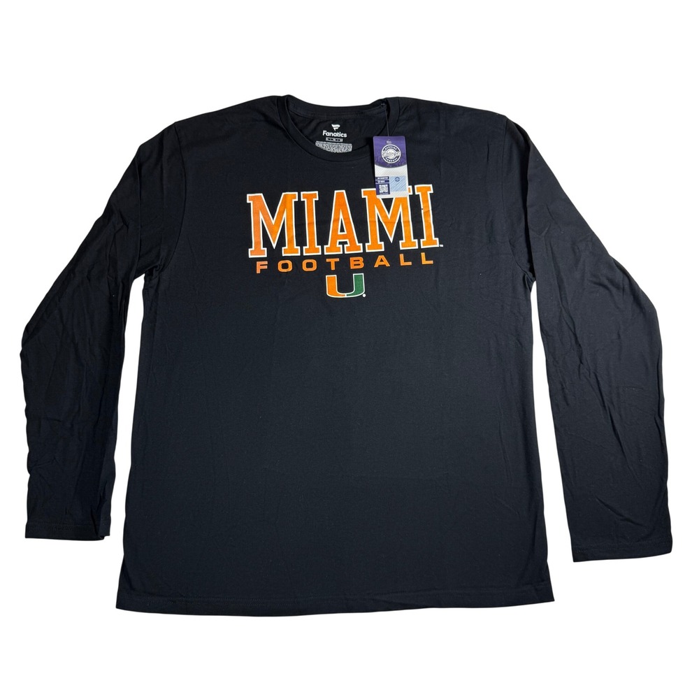 Miami Hurricanes Football Long Sleeve Shirt XL Black Fanatics NCAA NWT - Picture 1 of 3